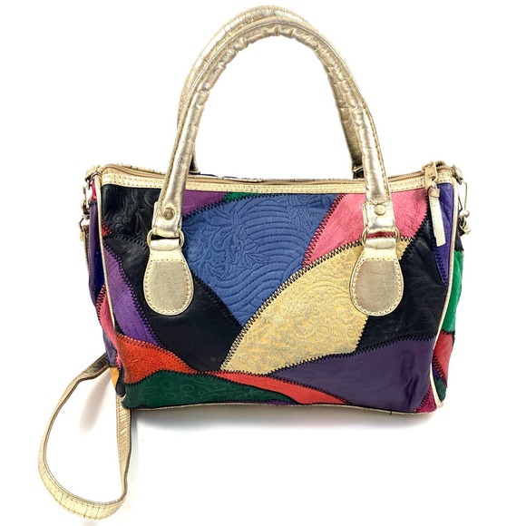 Vintage Handbags - VTG 80s leather gold and multi color block satchel